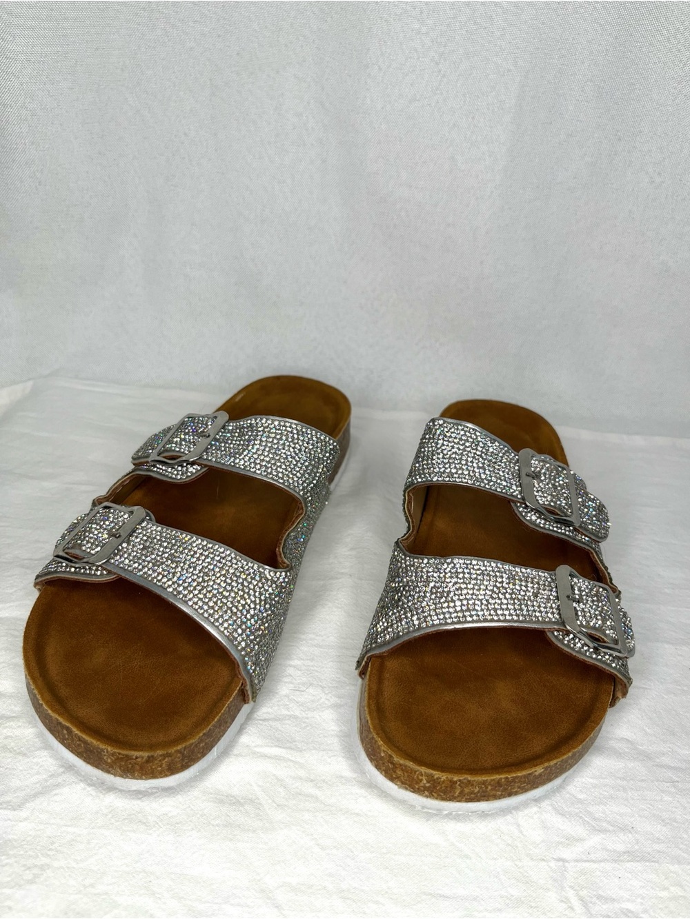 YOKI Rhinestone Double Buckle Footbed Slide Sandals Silver Sparkle Approx Size 8